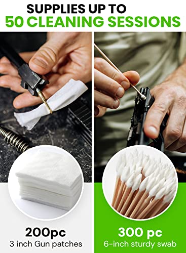 500 Pcs Gun Cleaning Supplies Case - 200pcs Gun Cleaning Patches and 300pcs Gun Cleaning Swabs - 6-inch Gun Swabs Lint Free, 3x3 Inch Highly Absorbent Gun Patches - Gun Cleaning Kit Supplies