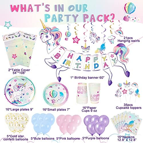 Unicorn Party Supplies Set - Rainbow Unicorn Party Decorations for Girls Birthday Banner Balloons Tablecloth Hanging Swirls Cupcake Toppers Reusable Plates Cups Napkins Serves 16 Guests 145 PCS