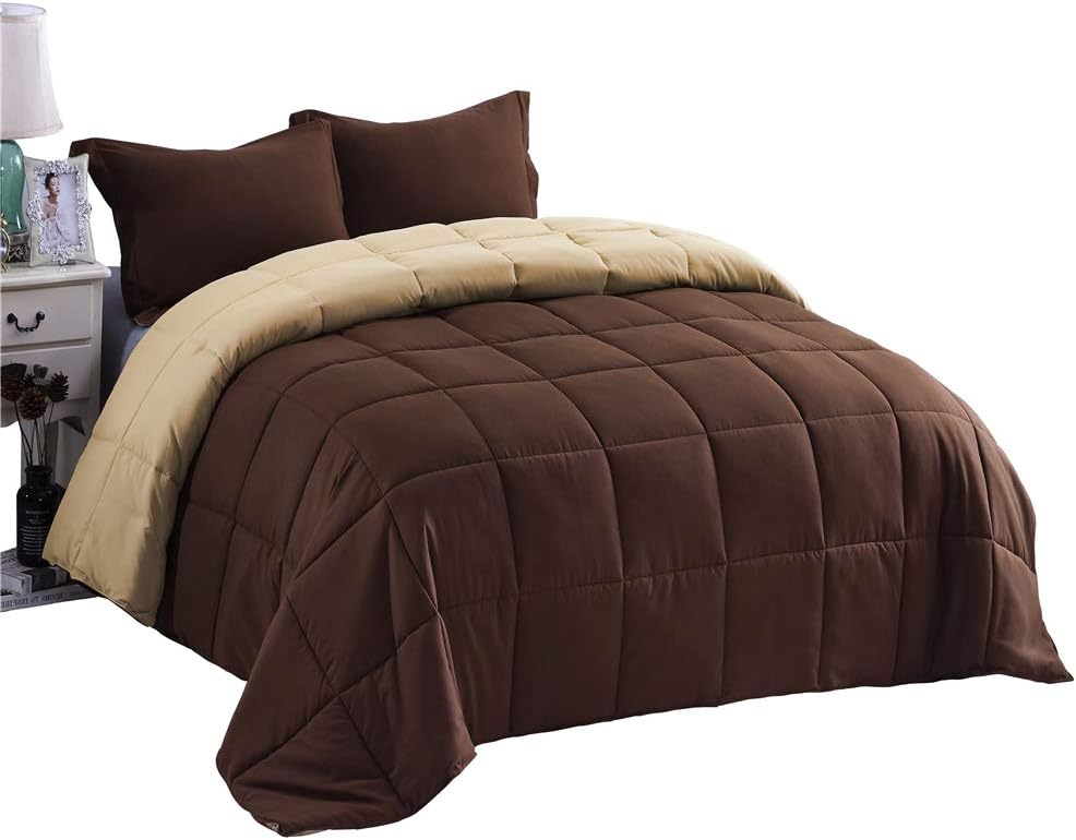 3 Piece All Season Goose Down Alternative Comforter Set,Duvet Insert Stand Alone 2 Shams,Reversible Box Stitched Quilted Comforter Corner Duvet Tabs,Soft Plush (Brown, King)…