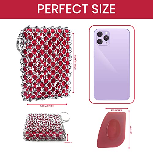 Image of Cast Iron Scrubber Kit + Pan Scraper - 316 Cast Iron Chainmail Scrubber - Skillet Cleaner Scrubber - Cast Pan Scrubber Cleaner - Chainmail Chain Scrubber - Silicone Sponge - Dishwaher Safe