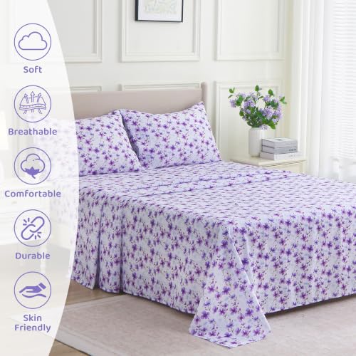 Image of Mooreeke Cozy Floral Microfiber Printed Queen Sheet Set - Soft & Breathable Purple Floral Bed Sheets with Deep Pocket - Non-Slip Fitted Design - Purple Flowers Pattern - Queen