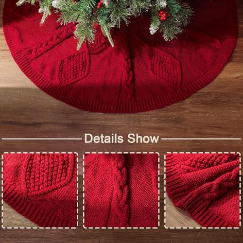 LimBridge-Knitted-Christmas-Tree-Skirt-48-Inches-Wine-Red-Tree-Skirt-Diamond-Braided-Cable-Knit-Thick-Rustic-Christmas-Tree-Decorations-Farmhouse-Christmas-Decor-Xmas-Holiday-Home-Party-Decorations LimBridge Knitted Christmas Tree Skirt 48 Inches Wine Red Tree Skirt Diamond Braided Cable Knit Thick Rustic Christmas Tree Decorations Farmhouse Christmas Decor Xmas Holiday Home Party Decorations