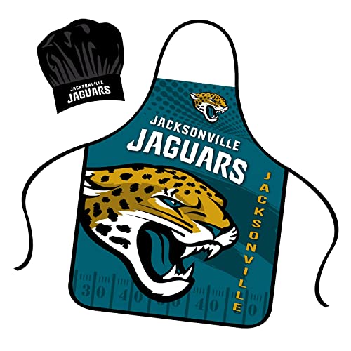 Mojo Licensing Jacksonville Jaguars Apron Chef Hat Set Full Color Universal Size Tie Back Grilling Tailgate BBQ Cooking Host