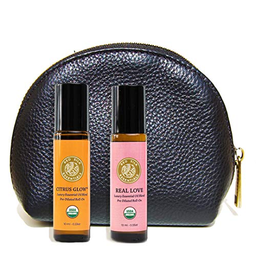 Organic Roll On Essential Oils Gift Set, 100% Pure USDA Certified - Citrus Glow & Real Love Blends with Black Leather Travel Case, Limited Edition