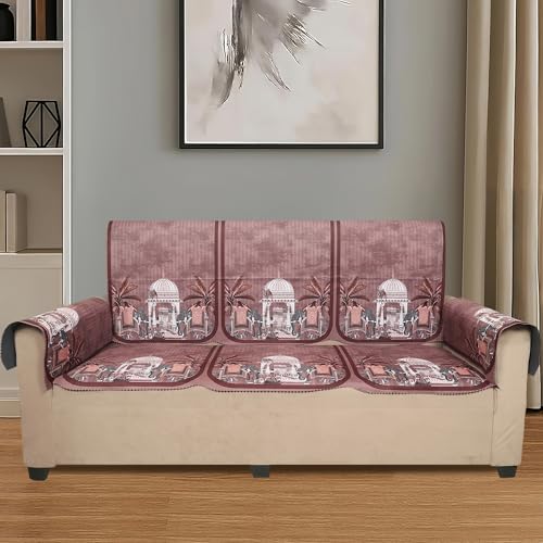 Image of Velvet 3 Seater Sofa Cover with 6 Seat and Back Covers, 2 Hand Rest Covers - Elephant dome Design - Washable Fabric - Stylish Sofa Cover for Modern Living Room (Maroon, 3 Seater With Arm Covers)