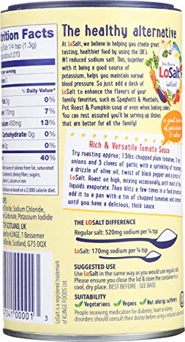 Image of LOSALT - Reduced Sodium Salt | Iodized | Great Tasting Salt Alternative /Substitute with 66% less sodium | 12.3oz /350g tub (Pack of 6)