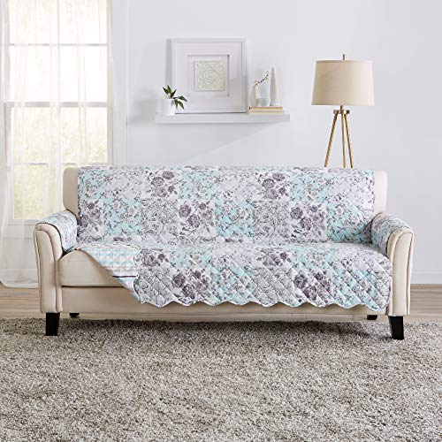 Image of Great Bay Home Reversible Floral Patchwork Sofa Furniture Protector - Machine Washable, Scalloped Edge, Stain Resistant, Printed Furniture Cover for Dogs, Kids, and Pets (Gray /Aqua)