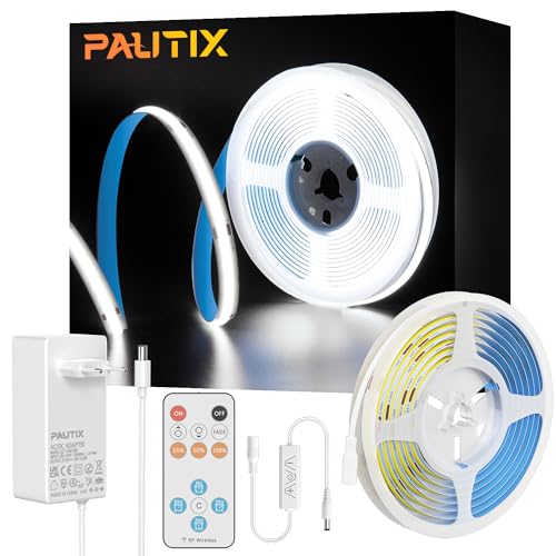 PAUTIX COB LED Streifen kaltesWeiß 6000K,5m 480LEDs/M Dimmbar 24V Flexibel LED Strip lights Set mit RF Fernbedienung und GS Netzteil,CRI93+ Hell Unterbauleuchte für Home DIY Dekoration,Timerfunktion