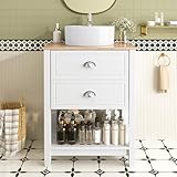kozamas Mobile sottolavabo autoportante, 60 cm, con vasca rotonda in ceramica e effetto legno, 2 cassetti, moderno set di mobili da bagno in bianco