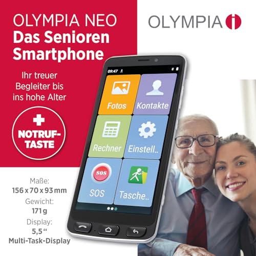 Olympia Neo 16 GB Smartphone für Senioren | Extragroße Darstellung | Hörgerätekompatibel | Notruftaste | Senioren Smartphone 5,5“ Display | Whatsapp & Mediteo vorinstalliert | 8MP Kamera | Schwarz
