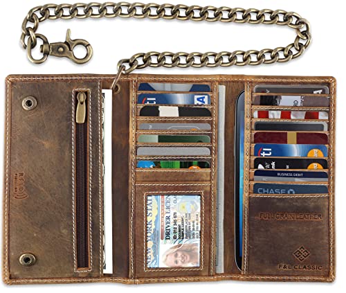 Image of F&L CLASSIC RFID Blocking Mens Tri-fold Long Style Cowhide Leather Steel Chain Wallet,buffalo wax vintage leather,212 wax brown W /white stitching