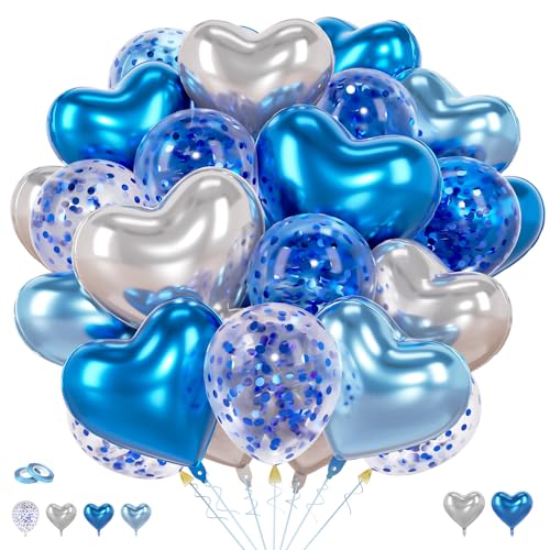 Image of Blue and Silver Heart Balloons Party Decoration, Heart Shaped Foil and Latex Balloon Ocean Decorations Set for Boys Men Happy Birthday Party, Graduation, Baby Shower, Valentines, Wedding, Anniversary