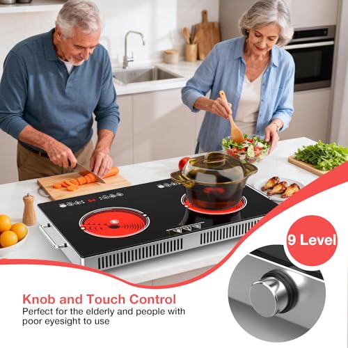 Image of 2400W Electric Cooktop: 24 inch Electric Stove 2 Burner Hot Plate Double Burner, Knob Control Countertop & Built-in, 9 Power Levels, Child Lock, Timer, Suitable for All Pans