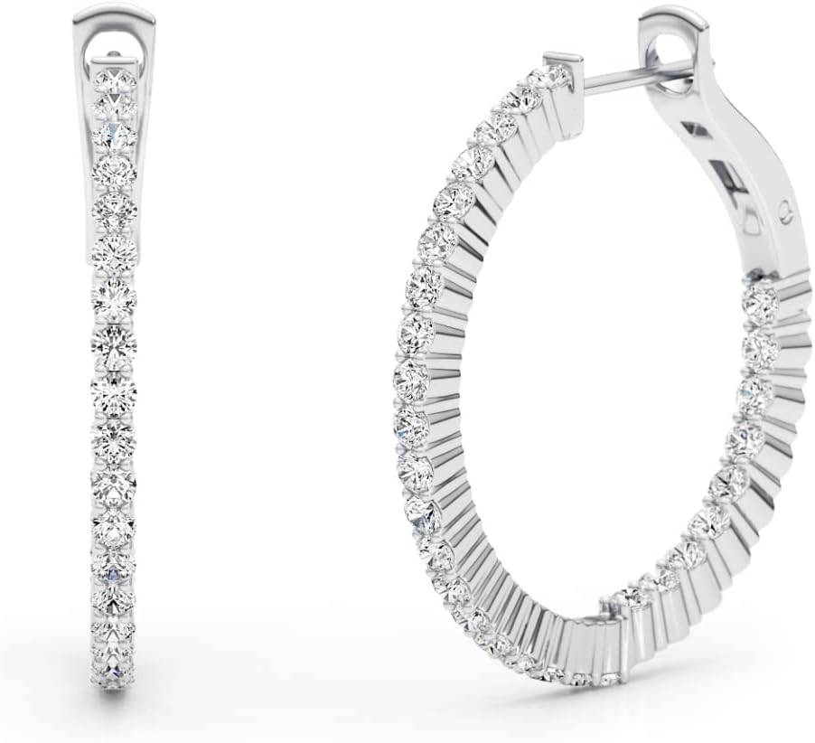 1.5-7 Carat Moissanite Oval or Round Inside Out Hoop Earrings for Women in 925 Sterling Silver with Rhodium Plating (D-E, VVS1-VVS2, cttw, DEW) Omega Back Hoops by GLAM AND GEMS