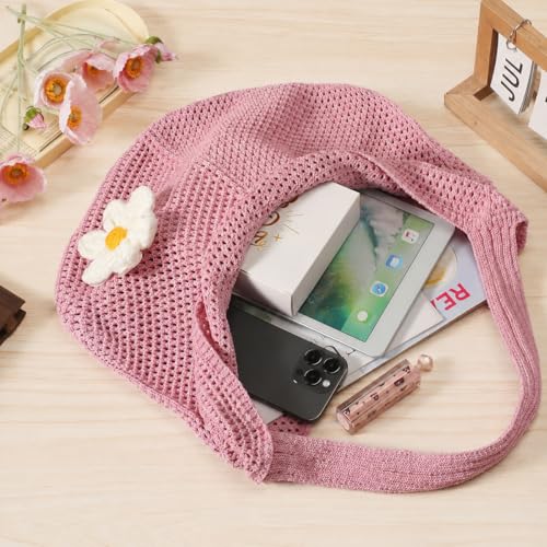Image of PALAY Tote Bag for Woman Crochet Mesh Beach Shoulder Bags with Flower Brooch Summer Vacation Knitted Bag for Women Shoulder