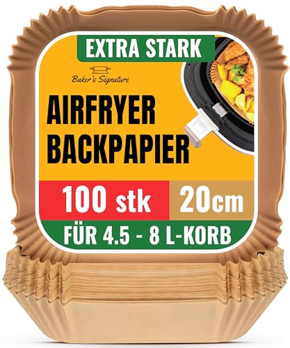 Airfryer Backpapier 100 Stück - 20-24 cm - Ungebleichte, Antihaft, Wasserdicht, Ölfest Backpapier für Heißluftfritteuse für 4,5L-8L Körbe heißluftfritteuse, Ideal für Ofen, Pfannen und Backen