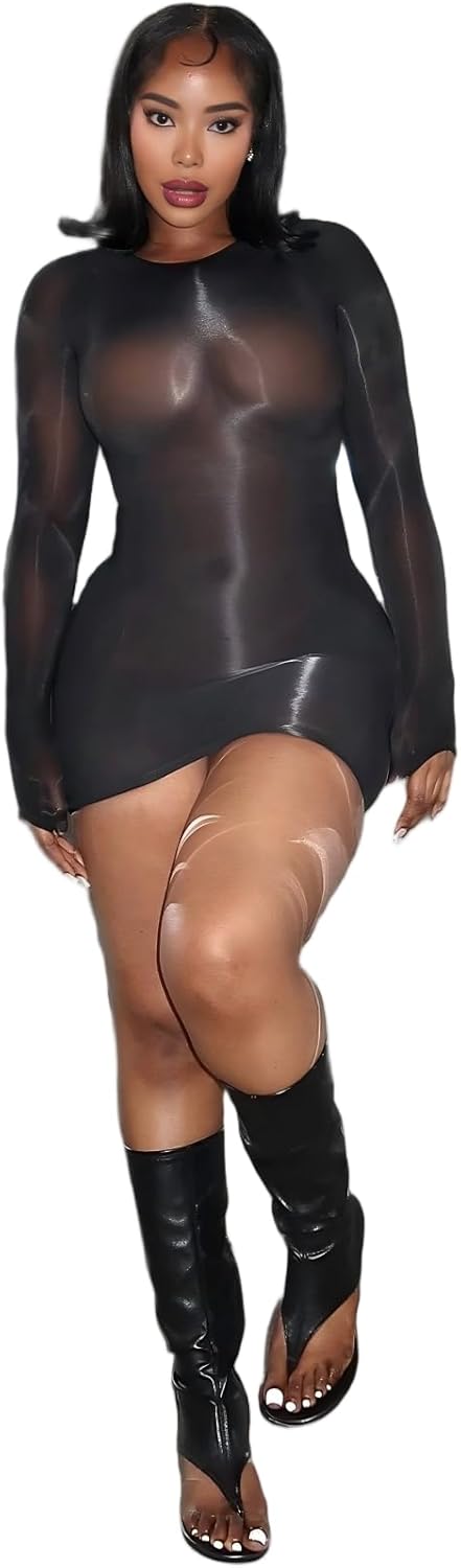 KIZOIEJE Oil Shiny Bodystocking Lingerie Mini Dress Sexy Clubwear Glossy Body Stocking for Women