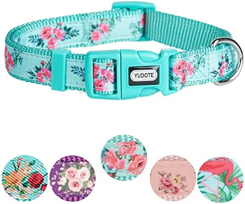 YUDOTE Adjustable Pink Nylon Dog Collar Small with Floral Patterned Ribbon for Puppies Active Female Dogs Neck 25-38cm