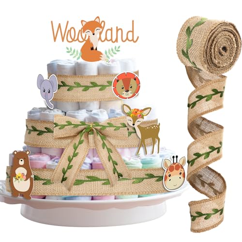 Hotop Diaper Cake Burlap Ribbon Green Leaf Woodland Theme Cake Safari Ribbon for Jungle Baby Shower Party Wrapping Decorations(3.3yard)
