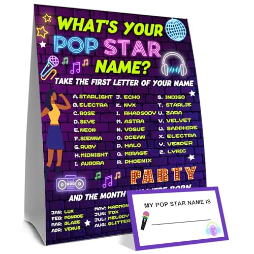 What's Your Pop Stars Name Game, What's Your Pop Stars Name Game Card, PopStars Names Games Sign and 30 Sticker Cards, Birthday Party Decor Names for Boys Girls, Birthday Parties Games Decorations
