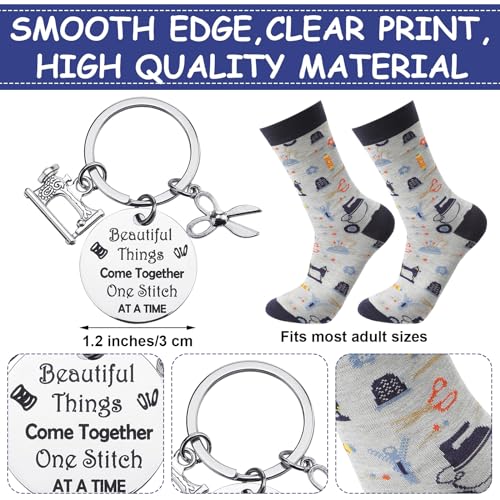 Abbylike 5 Pcs Sewing Gifts for Seamstress Women Gifts Canvas Bag Cosmetic Bag Quilting Coffee Mug Socks 11 oz Cup Quilter Keychain Funny Presents for Mom Quilters Sewing Lovers(White,Classic)3