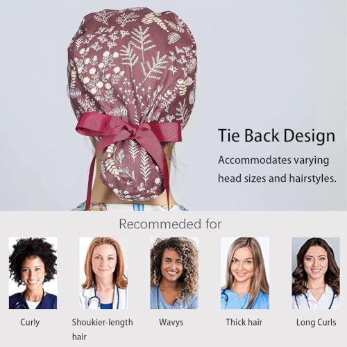 6PCS Op Hauben Damen mit Satinfutter, Op Haube Stoff Verstellbar mit Knopf, Pferdeschwanz Arbeitskappe Mit Schweißbandkapuzen, Baumwolldruck Chirurgische, Kochmütze, Staubhauben Kappe, Einheitsgröße