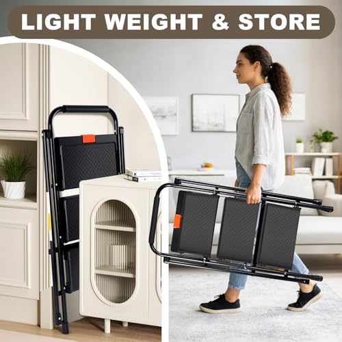 Valeo 3 Step Ladder, 3 Step Ladder for Adults with with Safe-Lock Design, Wide Anti-Slip Pedal, 500lbs Sturdy Steel Ladder, Step Stool Foldable with Cushioned Handle,Black by Valeo - Image 5