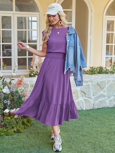 Image of Kikibell Womens Summer Dresses Cap Sleeve Elastic Waist Midi Dress with Pocket Long Causal Sundress Beach Vacation Outfits