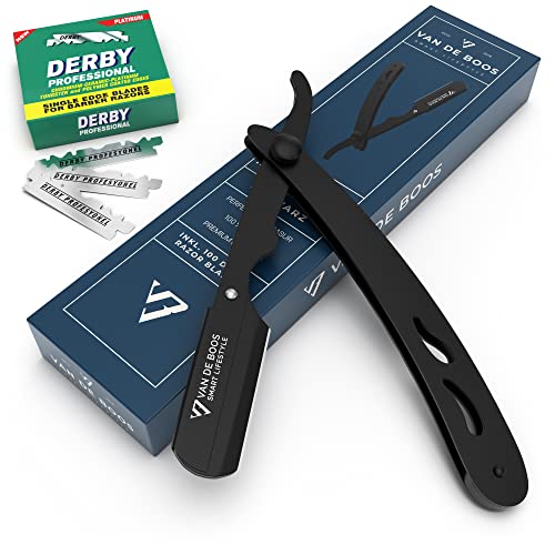 Van De Boos Rasiermesser-Set mit 100 Derby Rasierklingen – hochwertiges Edelstahl Bartmesser mit scharfen Wechselklingen für eine traditionelle und gründliche Nass-Rasur, Bart-Pflege wie beim Barbier