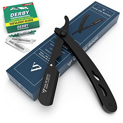 Van De Boos® Rasiermesser-Set mit 100 Derby Wechselklingen - Hochwertiges Edelstahl Barber Bartmesser mit extra scharfen Klingen - Barbier Rasier Messer für präzise Bart-Nassrasur (Herren Rasierer)