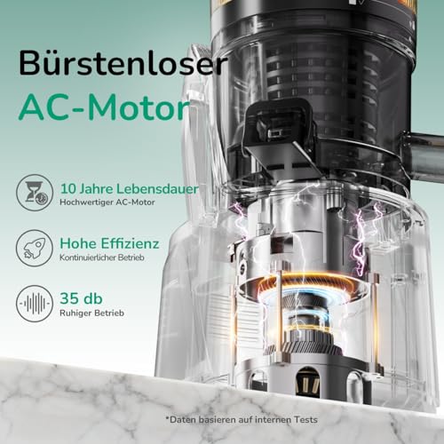 Canoly Entsafter mit 150 mm extra Großer Einfüllschacht, 3-in-1 Sieb (für Saft, Sorbet & Nussmilch), 2,6 L Füllvolumen Slow Juicer mit AC-Motor, Selbstschneid-System Kaltpresse Saftpresse, BPA-Frei – Bild 5