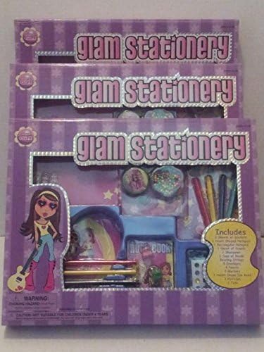 Glam Stationery 3 Pack Set, Perfect for Parties and Playdates, Includes: 2 sheets of stickers, a small sticker tote, 2 notepads, 8 envelopes, 1 sheet of jewels, 1 heart shaped ice bead necklace charm, 1 case of beads, beading strings, 4 markers, 4 pencils, 1 pencil sharpener, 3 hairclips and 6 small glam wall posters.