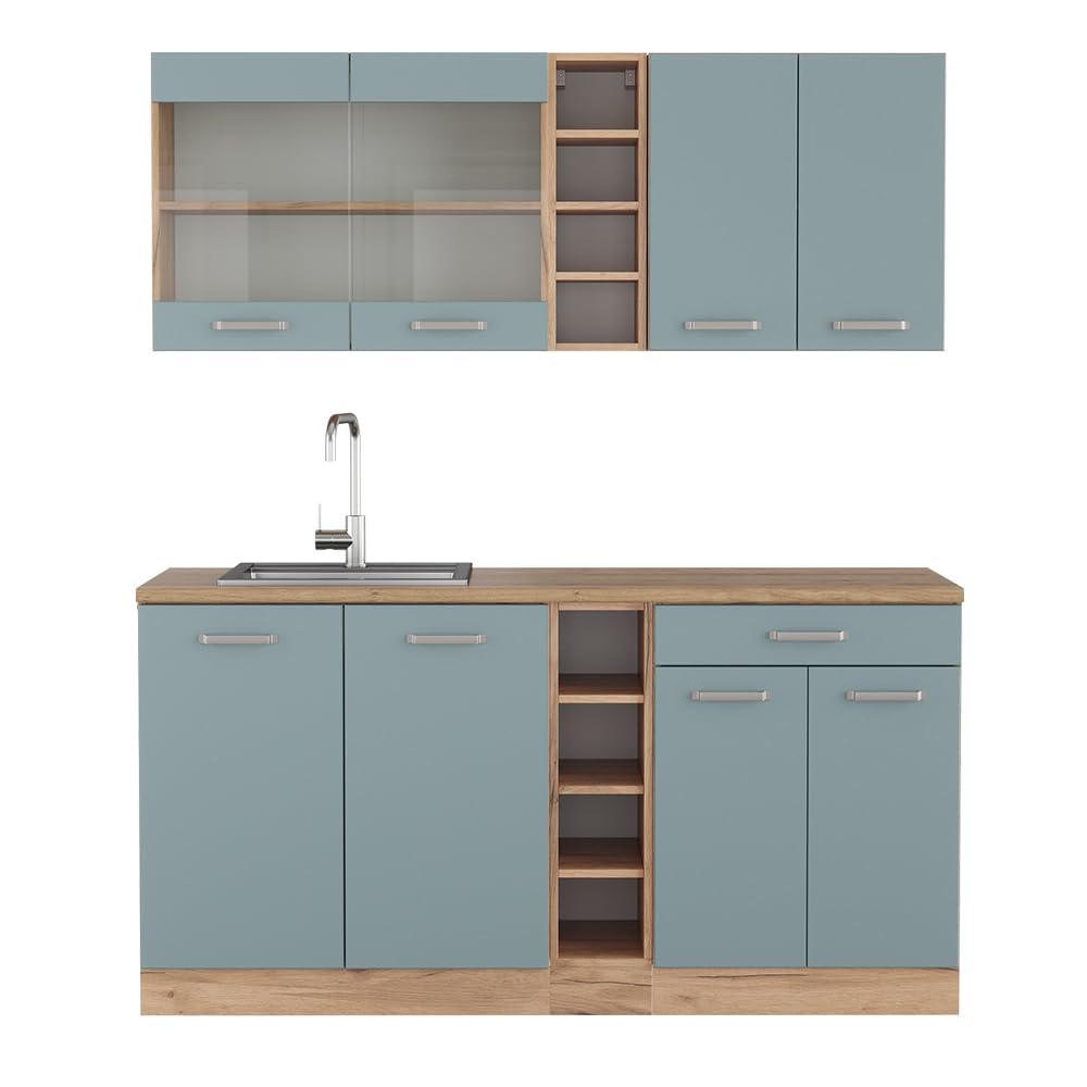 Vicco Cucina monoblocco R-Line, Rovere blu-grigio/oro, 160 cm Senza piano di lavoro, adatto per combinazioni ed espansioni personalizzate