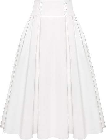 Belle Poque Womens Vintage High Waist Pleated Midi A-Line Skirt with Pockets