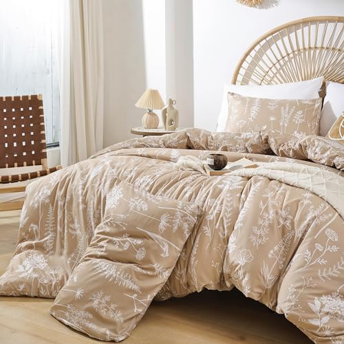 JANZAA 3 Pieces Duvet Covers Queen Size Floral White Botanical Printed on Taupe, Soft Bed Cover with Zipper Closure 4 Ties (2 Pillow Cases)