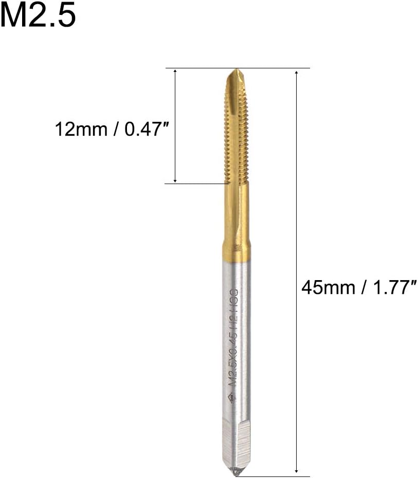 uxcell Spiral Point Plug Threading Tap M2.5 x 0.45 Thread, Ground Threads H2 3 Flutes, High Speed Steel HSS 6542, Titanium Coated, Metric Screw Taps Tapping Bit for Thread Repair, 2pcs