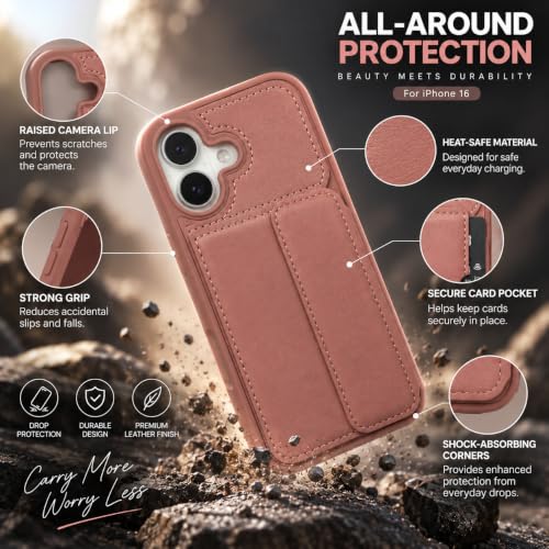 Image of amazon basics Luxury Vegan Leather Back Cover for iPhone 16 | Built-in Card Holder Slot | Integrated Mobile Stand | Slim Shockproof Protective Case with Stitched Finish - Pink