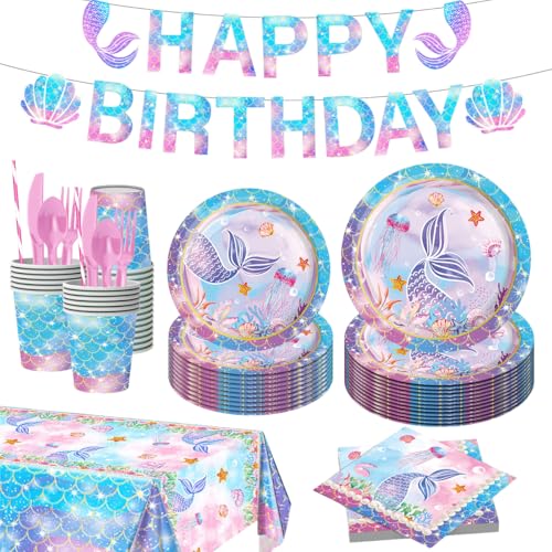 Mermaid Birthday Decorations Disposable Tableware Plates for Baby Shower,Under The Sea Party Supplies Plates,Blue Tableware with Cups,Tablecloth,Banner for Kids Girls,Serve 24