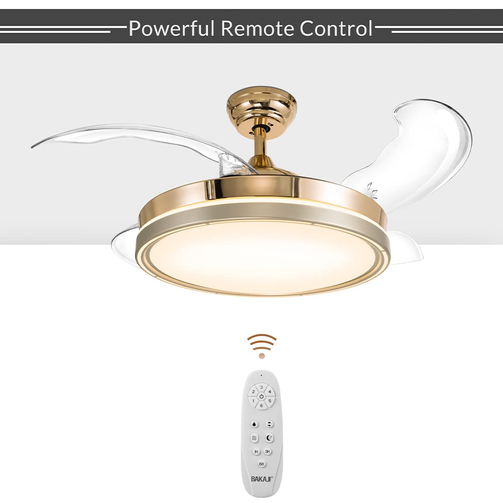 BAKAJI Ventilatore Lampadario da Soffitto Ø106cm in Acciaio e 4 Pale in ABS richiudibili a scomparsa, Plafoniera 36W LED cambio colore, 3 Velocità e Inversione Rotazione, Timer e Telecomando (Bronzo)