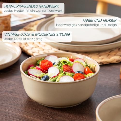 Geschirrset 6 Personen, vancasso PLAYA 18tlg Tafelservice 6 Personen Modern, Steingut Geschirrset, Beinhaltet Schüssel, Dessertteller und Speiseteller, Spülmaschinenfest, Braun