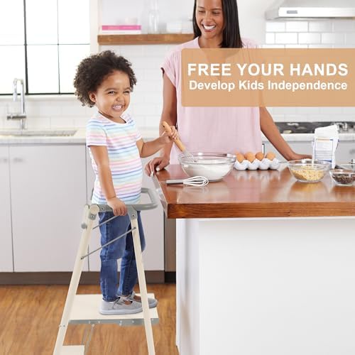 Elevon Step Stool, Metal Two Step Ladder Step Stool with Wide Pedal for Kitchen Counter Bathroom Sink, Grayish White