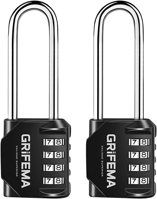 GA1002 4 Digit Combination Padlock, Long Shackle Padlocks Outdoor Heavy Duty Waterproof Weatherproof for Gym Locker, School, Fence, Garage, Shed, 2 Pack, Black