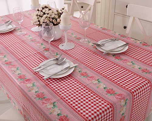 Vinylla Red Gingham Check and Roses Easy Wipe Clean PVC Tablecloth, 140x240cm