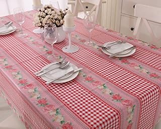 Vinylla Red Gingham Check and Roses Easy Wipe Clean PVC Tablecloth, 140x240cm