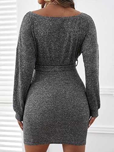 Oyoangle Women's Maternity One Shoulder Work Maternity Long Sleeve Belted Casual Mini Dress Dark Grey Xl #TOP1