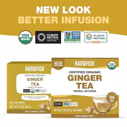 Image of HANDPICK Organic Ginger Tea (100 Tea Bags) 100% Pure Ginger Root, Non GMO