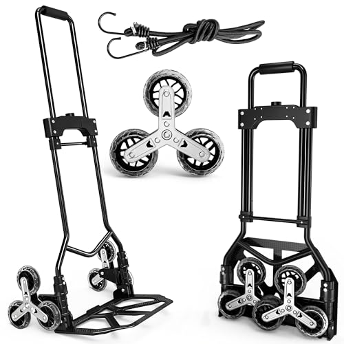 DIAMONDFORGE Stair Climbing Dolly, 220LBS Stair Climbing Cart with Telescoping Handle, Portable Folding Aluminum Cart for Stairs, 6 Wheels & Rope for Home, Groceries, Black