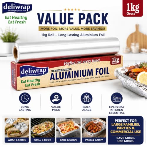 Image of Deliwrap Aluminum Silver Foil - 1Kg | 18 Micron Thickness Food Grade Safe Food Wrapping Aluminum Foil | Lunch Packing for Home, School, Office & Hotels | Kitchen Paper Roll | Pack of-3