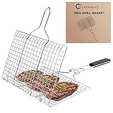 JY COOKMENT Grill Basket Stainless Steel with Portable Removable Handle, Grilling Basket-BBQ Accessories for Vegetable, Shrimp, Fish, Steak and Outdoor Use-Dishwasher Safe