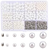 PONABEADIY 1 Box 2400PCS 5 Sizes Pearl Setting Machine Accessories Bead Kit with Rivets Studs Button Replenishment White Plastic Round Pearls No Hole Beads for Jewelry Making Decoration DIY Crafts